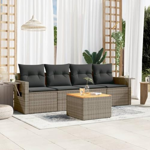 QJBSAVVA Gartenmöbel Set 5 TLG Sofa Lounge Grau Poly Rattan 55x62x69 cm Modernes Design mit Akazienholz Tisch Sitzgruppe Outdoor für Balkon Terrasse Garten