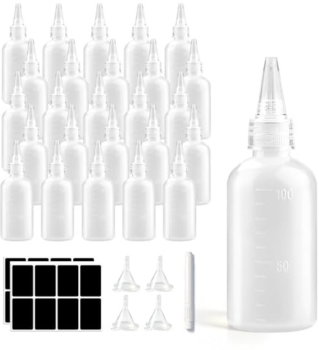 100ml Quetschflasche 20 Stück Squeeze Flasche mit Trichter Etiketten Marker | Lebensmittelechtes PE, Präzise Dosierung, Wiederverwendbar für Küche, Backen, Saucen, Senf, Öl