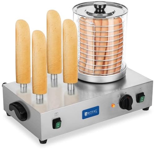 Royal Catering Machine à Hot Dog Professionnelle Appareil Hot Dog RCHW 2300 (Puissance 1 100 Watts, Température 0-95°C, Taille du Cylindre 24 cm, Diamètre du Cylindre 20 cm, 4 Fentes à Toast)