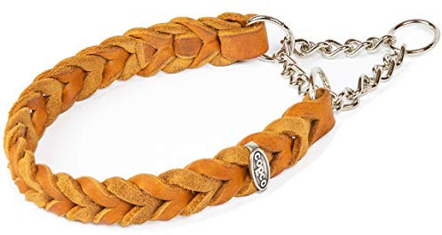 CopcoPet Fettleder Halsband 40–45cm x 20mm Cognac – Geflochten mit Zugstopp-Kette – Robust & weich – Verchromte Kette – Lederhalsband für mittelgroße Hunde, Training & Alltag