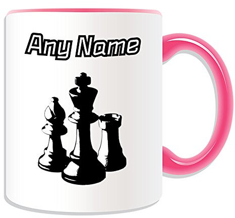 Regalo personalizado – Taza de ajedrez blanco y negro (tema de diseño deportivo y pasatiempo, opciones de color) – Cualquier nombre/mensaje en tu único – Tablero de ajedrez King Rook Queen Pawn Knight