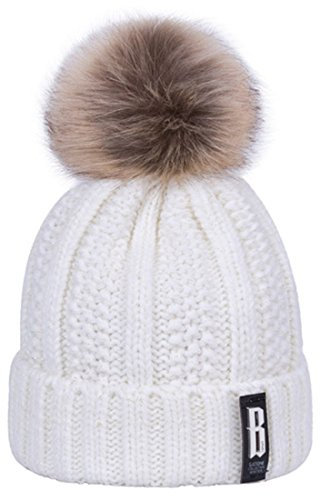 Kuyou Damen Strickmütze Winter Pelzmütze Pom Pom Beanie Mütze Ski Hüte (Weiß)