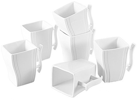 MALACASA, Serie Flora, 12 TLG. Set Porzellan Kaffeeservice CremeWeiß Eckig Kaffeetasse Tassen 350ml Becher Kaffeebecher-Set Bechersets