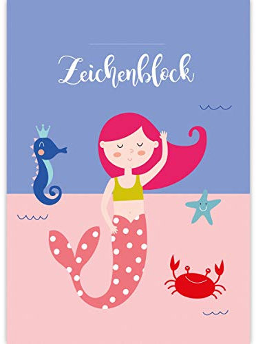 1 Lustiger Kinder DIN A3 Malblock mit kleiner Meerjungfrau • Zeichenblock Skizzen-Block 25 Blatt weiß, kopfverleimt, holzfreies Qualitäts-Papier 100g/m² - für Schule, Basteln, Hobby