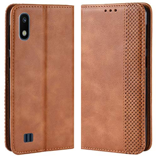 HualuBro Coque pour Samsung Galaxy A10, Etui Housse à Rabat en Retro PU Cuir Flip Leather Case Cover Antichoc Portefeuille Protection Coque pour Samsung Galaxy A10 2019 (Marron)