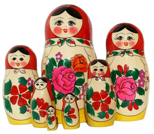 Semenovskay Rospis Matroschka Puppen Babuschka Matrjoschka klassisch original Holzpuppen Set in 7 Figuren (7 Puppen 16cm rotes Tuch)