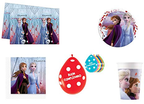 ELSA Kit de fiesta de cumpleaños Frozen II Anna Party Addobbi y decoración de mesa 8 platos, 8 vasos, 16 servilletas, mantel y globos 20 unidades de regalo (8 personas)