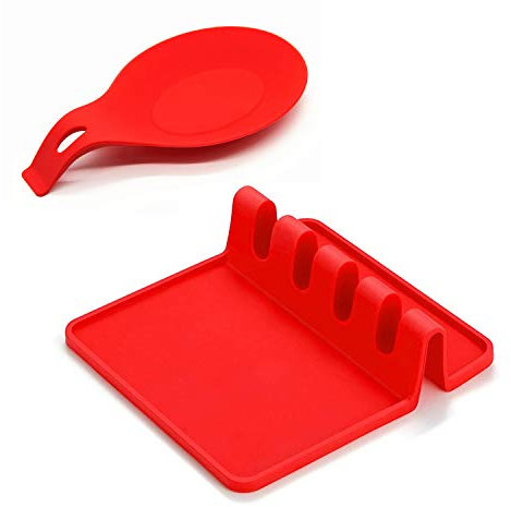 Lot de 2 repose-ustensiles en silicone avec tampon d'égouttement pour plusieurs ustensiles, grand support de cuillère pour louche, spatule, pince, fourchette – Les deux en rouge