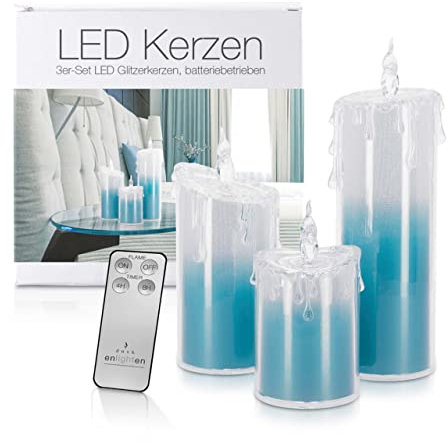 LED Universum - LED Acryl Glitzerkerzen Set „Liza“, 13,5 cm | 17 cm | 24 cm, inkl. IR-Fernbedienung & Timer, Batteriebetrieben je 3 x AAA (nicht inkl.) (3er Set Blau)