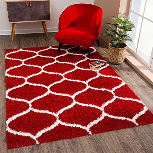 SANAT Madrid Shaggy Teppich - Hochflor Teppiche für Wohnzimmer, Schlafzimmer, Küche - Rot, Größe: 80x150 cm