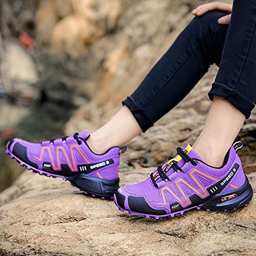 WUHX Fahrradschuhe Damen, Lock-Free Radfahren Wanderschuhe rutschfeste Atmungsaktive MTB Rennradschuhe Reiten Turnschuhe,Purple-38