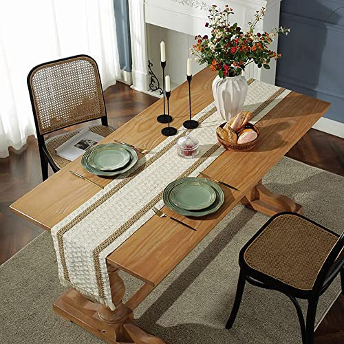 LUMoony 30 * 180 cm Tischläufer Beige Baumwolle mit Quasten Jute Tischläufer Boho Still Vintage Tischband Beige Tischdecke Natürliche Tischband Jute für Tischdeko Hochzeit, Party und Kommunion