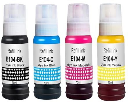 Molabel 4er-Set Tinte (1 Schwarz, 1 Cyan, 1 Gelb, 1 Magenta) – Kompatibel mit Epson 104, geeignet für EcoTank ET-2810,ET-2820,ET-2870, ET-2814,ET-2815,ET-2830,ET-2840,ET-2862,ET-2876,ET-4800,ET-4810