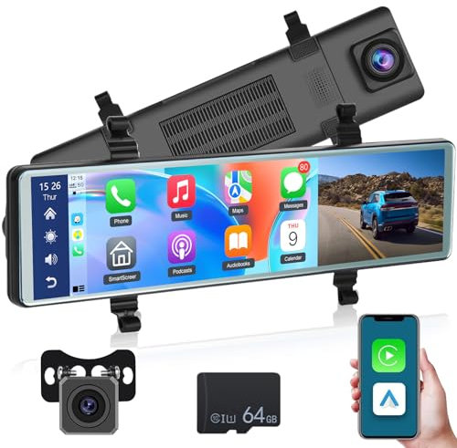 Cámara del Espejo retrovisor - Android Auto y Carplay inalámbricos - Cámara de Tablero de Espejo retrovisor de 11.26 Pulgadas para camión DVR/Control de Voz/FM