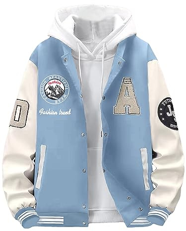SHENHE Men's Color Block Streetwear Bomer Baseball Jacket Letter Print Varsity Coat Dusty Blue M