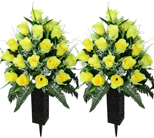 SIFOEL 2 Piezas de Flores Artificiales Cementerio con florero, Rosa Artificial Tumba Flores conmemorativas para la decoración de la lápida del Cementerio (Yellow-24T)