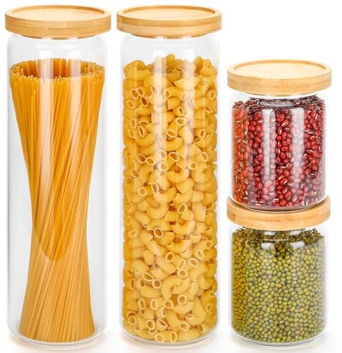 Otauoaea Bocal en Verre avec Couvercle - 4PCS 1600ml/500ml Bocaux Verre Rangement Cuisine - Pot en Verre avec Couvercle en Bambou Cannelé - Empilage Stable - Bocal en Verre Hermétique