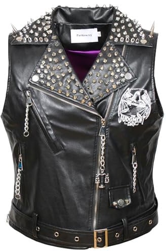 Fashion SX Herren Punk Rock Nieten Lederjacke Club Motorrad Fahrrad Slim Fit Bedruckte Lederweste, Schwarz, S