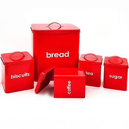 Crystals Red Bread Bin Set – 5 Piece Rectangular Bread Bin & Canisters – Tea, Coffee, Sugar & Biscuit Containers – 30.5 cm (H) x 20.5 cm (W) x 28.5 cm (L) – Classic Elegant Storage Solution