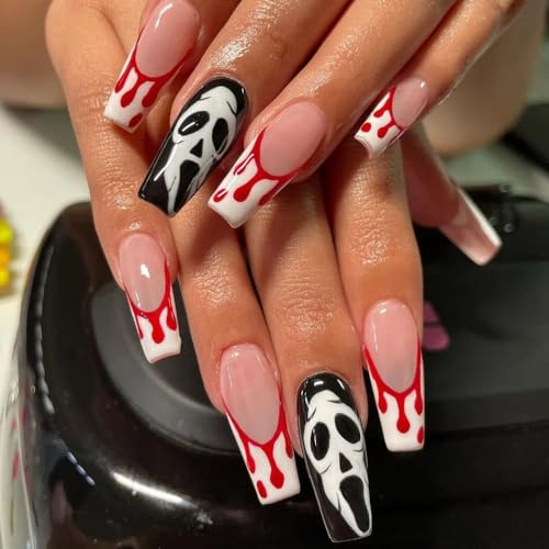 Ztcily Unghie finte Halloween, unghie finte francesi lunghe rosa e nero scrigno, finte unghie adesive colorate per le donne, unghie finte per feste