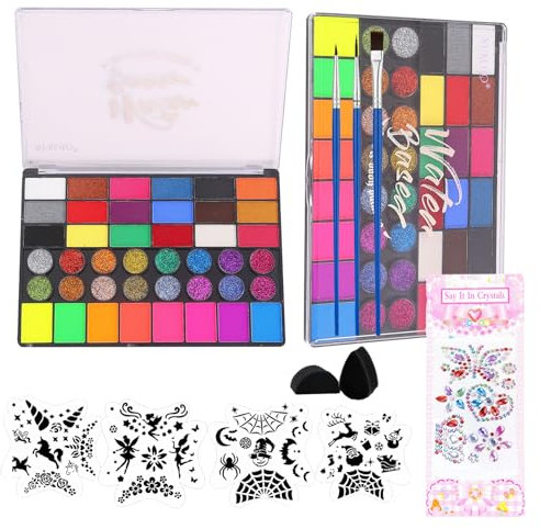 Onlvmyur Pinturas Cara para Niños, Halloween Pintacaras Niños 42 Colores Pintura Cara Niños Hipoalergenica Kit de Pintura Facial para Niños Navidad Halloween Cosplay Carnaval