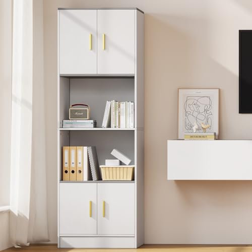 KeepGoon Freistehende Vitrine 60x40x180 cm weiß - 4 Türen mit offenem Fach in der Mitte mit leise schließenden Scharnieren - Küchen-Highboards, Wohnzimmerständer, Vitrinen, Bücherregale