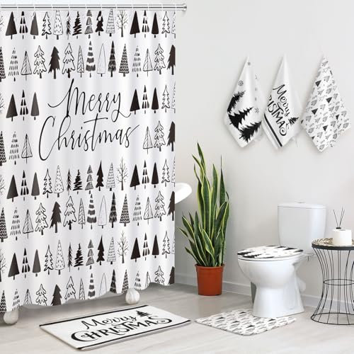 Newwiee Weihnachts-Badezimmer-Set, Weihnachtsmotiv, rutschfester U-förmiger Teppich, WC-Deckelbezug, Badematte und 3 Waschlappen, Badezimmer-Dekor-Zubehör für Weihnachtsferien (Baum)