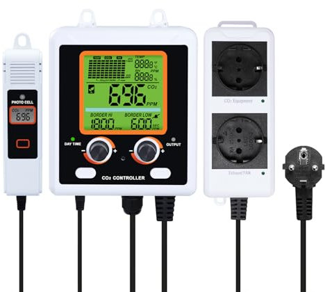 CO2-Controller mit zwei Steckdosen für den Grow Room, Zwei Smart-Steckdosen steuern automatisch CO2-Regler und Ventilatoren, NDIR-Sensor CO2-Monitor und Controller mit großem Display für CO2-Diagramm