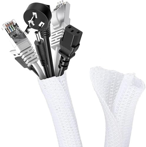 Romon 3m Guaina Cavi Intrecciata, 16-25 mm Flessibile Self-closing Raccogli Cavis, Tagliabile Nascondi Cable Management, Espandibile Copri Cables Elettrici per TV Computer Ufficio Casa Auto- Bianco