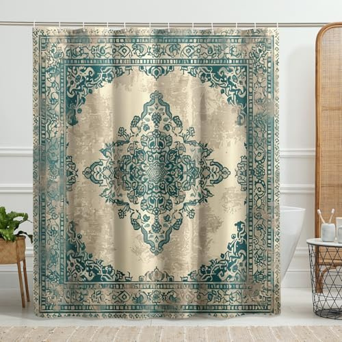 Duschvorhang im Vintage-Stil, Bohemian-Stil, blaugrün, beige, orientalisches Muster, Duschvorhang für Badezimmer, rustikal, modern, wasserdicht, Stoff-Duschvorhang-Set mit Haken, 183 x 190 cm