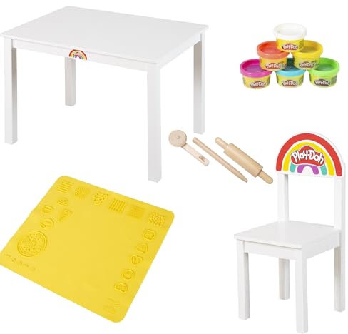 roba x Play-Doh Sitzgruppen-Set - Kindertisch+ Kinderstuhl - FSC zertifiziertes Spielset mit 6 Knetdosen, 3 Holzwerkzeugen & großer 3D-Kreativmatte - Schönes Geschenk ab 3 Jahren