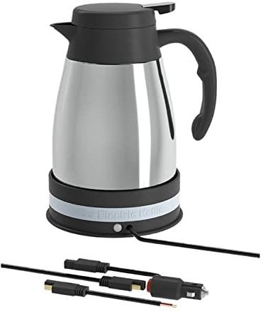 HJUGHPN Bouilloire de camping 12 V 24 V pour voiture, chauffe-eau de voiture, grand camion, bouilloire électrique portable en acier inoxydable, 1200 ml (argent)