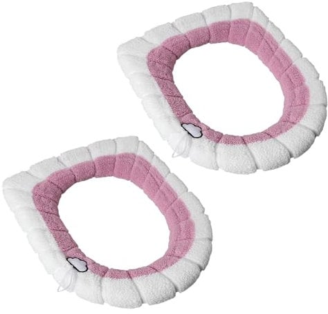 2 Pcs Toilet Seat Cover, Bathroom Soft Toilet Seat Cover Pad Washable Stretchable Toilet Seat Mat Universal Thicker Toilet Cushion Pads for Home Office School (Pink+White)