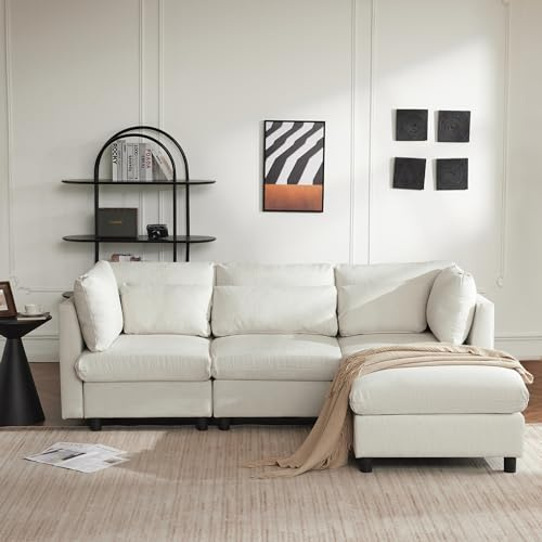 Moimhear Modernes Design, Polstermöbel, Sofa, Dreisitzer-Sofa, Wohnzimmersofa, Ecksofa mit Fußhocker, L-förmiges Ecksofa (Beige)
