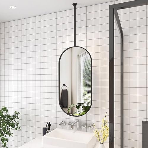 DLAZUM Schwarz gerahmter Spiegel für Badezimmer, ovaler Wandspiegel, an der Decke hängender Ankleidespiegel für Schlafzimmer-Garderobe, Glas-Bauernhausspiegel, Spiegel mit Metallstange zum Aufhänge