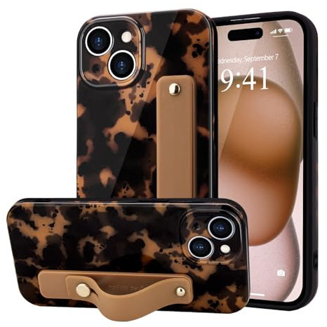 LAPOPNUT for iPhone 14 Case,Leopard Print Phone Case With Wrist Strap for Women Girls,Wristband Finger Holder Stand Camera Protection Soft TPU Slim Cover for iPhone 14 6.1 Inch,Brown
