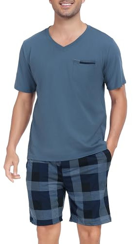 Vlazom Pyjama Homme Court Ensembles de Pyjama Ete à Manches Courtes Vêtement de Nuit à Carreaux avec Poches,Bleu Grisâtre,XXL