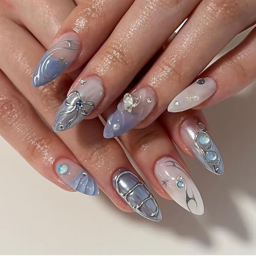 3D Handgemachte Künstliche Fingernägel - 24 Pcs Medium Press on Nails Almond - Blau Falsche Nägel mit Schleife Sterne Charm Gems - Full Cover Kunstnägel Zum Aufkleben für Frauen Mädchen