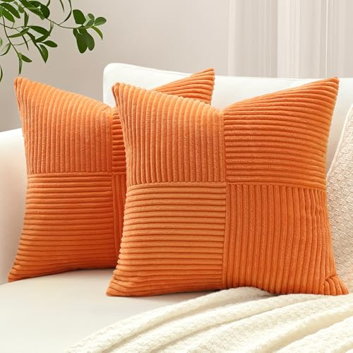 Sungeek 2er Set Cord Kissenbezüge, Kreuz Streifen Muster Kordsamt Kissenbezug Sofakissen Dekokissen Patchwork Design Deko Zierkissenbezüge Kissenhülle für Wohnzimmer (45x45cm, Orange)
