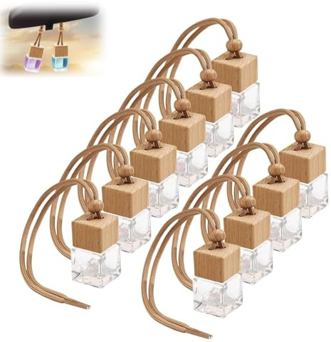 VZU 10pcs 6ml Car Glass Perfume Bottle with Square Lid for Car Fragrance and Home Scented Oil, Refillable Car Essential Oil Diffuser Air Freshener Hanging Bottles Empty Glass Bottles
