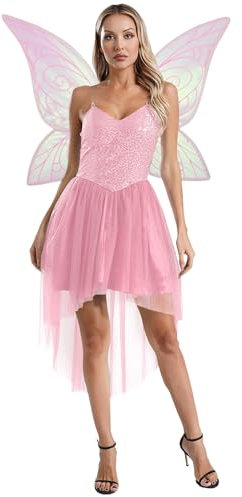Riismen Déguisement Fee Clochette Femme Robe Cosplay Fée Tenue Mascarade Halloween Carnaval Noël Party Rose XL