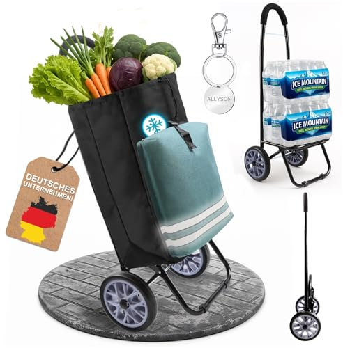 Allyson® Einkaufstrolley klappbar mit Reflektoren & Kühltasche, Einkaufswagen 45L Kapazität, Wetterfester Shopping Trolley, Treppensteiger Trolley mit Geräuschlosen Rädern & Abnehmbarer Tasche - Grün