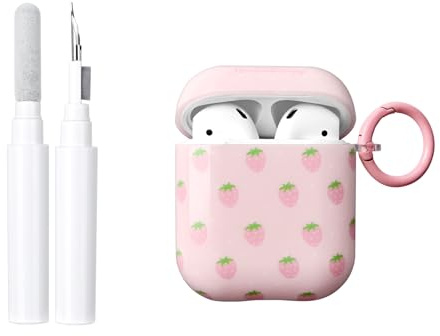 Reownest Hülle Kompatibel mit AirPods 2. und 1. Generation mit Reinigungsset, Süßes Erdbeer-Design Weiche TPU Stoßfeste Schutzhülle Case für AirPods 2 & 1 – Rosa Erdbeere