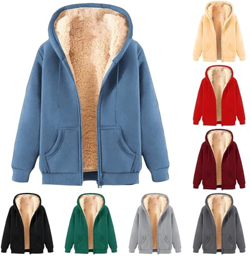 RLEHJN Fleecejacke Damen mit Kapuze Winterjacke Warm Teddyfleece ReißVerschluss Jacke Wollmantel Einfarbige Bekleidung Teenager Mädchen Übergangsjacke Drucken Funktionsjacke Große Größen
