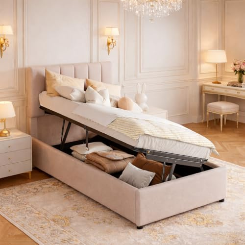 LieABak Polsterbett Einzelbett 90x200cm mit Bettkasten, Hydraulisches Stauraumbett mit Lattenrost, Boxspringbett mit Stauraum, Kinderbett Jugendbett mit Verstellbares Kopfteil, Beige, Leinen