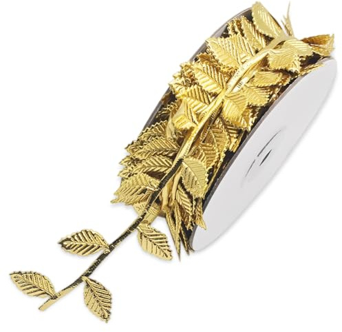 20m Goldene Blattgirlande - Goldenes Geschenkband Blatt Band Breit Geprägt für Hochzeit & Weihnachten