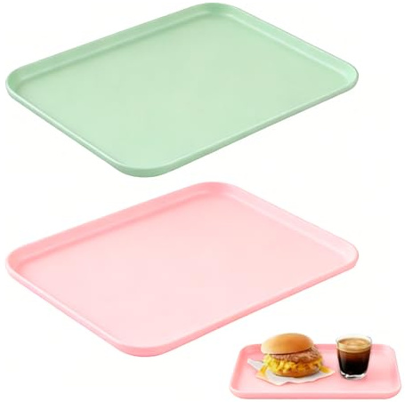 Set of 2 Rectangular Serving Trays, Kitchen Trays, Fast Food Breakfast Trays, Serving Trays, Snack Trays, Pink Green Gastro Tray, Serving Plates, Coffee Tray, Reusable (12.2 x 8.66 Inch)