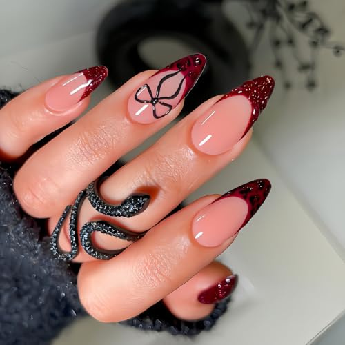 Red French Tip Press On Nails - 24Pcs Long Almond False Nails - Nude Base with Black Butterfly & Red French Tips - Full Cover Acrylic Stick on Nails with Glue - Gift for Women