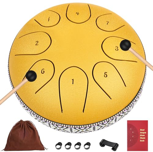 Zungentrommel,AKLOT Tongue Drum 6 Zoll 8 Notizen Handpan C Dur | Steel Drum mit Schlägeln, Finger-Picks, Schlägelhalterung und Weiche Tasche
