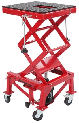 Cric da moto elevatore idraulico per moto 200 kg piattaforma elevatore con ruote e pedali antiscivolo, gamma di sollevamento 35-87 cm, per garage, officina o circuito